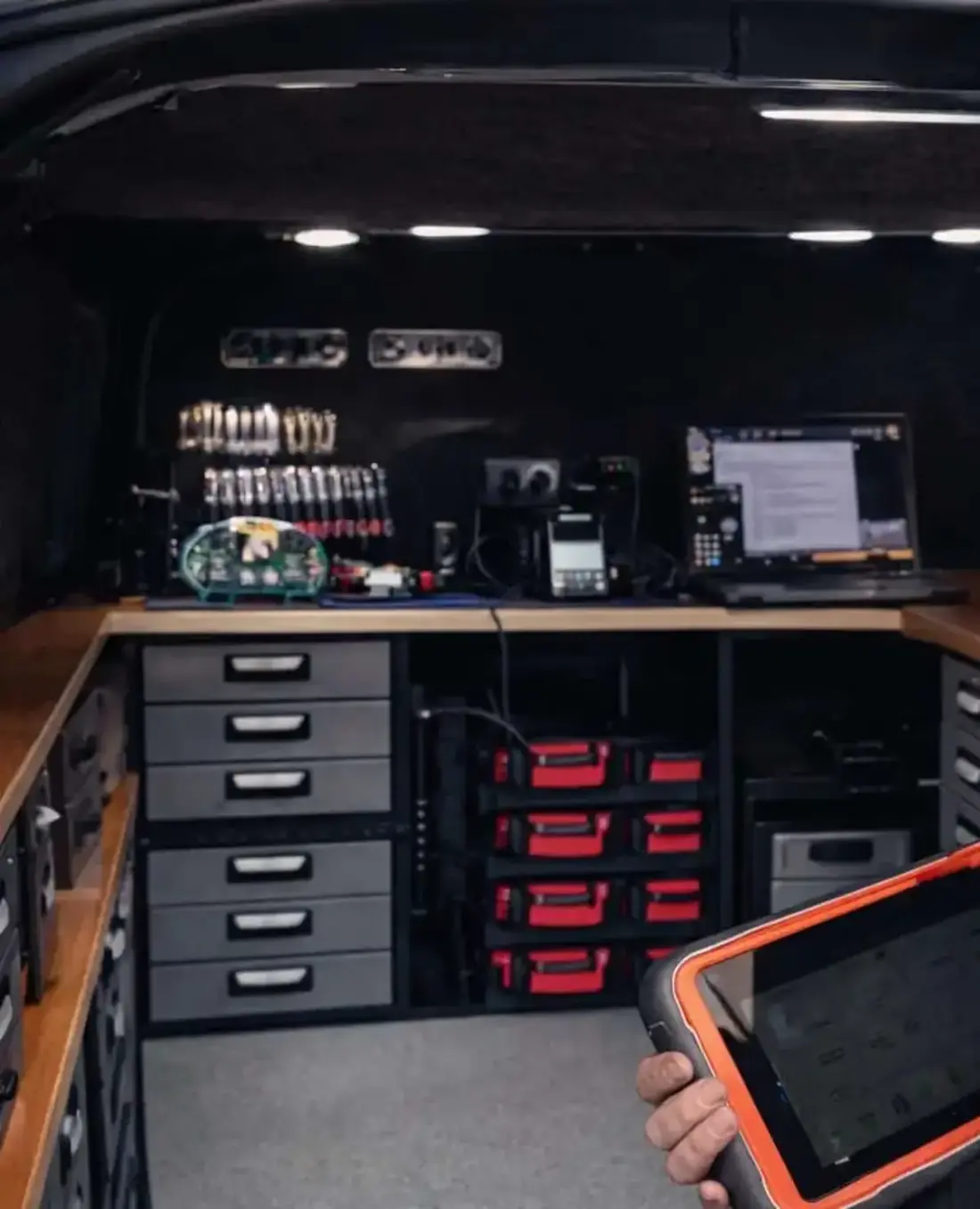 Inside the Cut & Code mobile locksmith van, fitted out with key blanks, diagnostic equipment and specialist tools